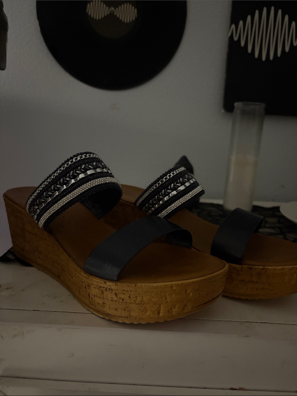 Embellished Black Wedge Slide Sandals